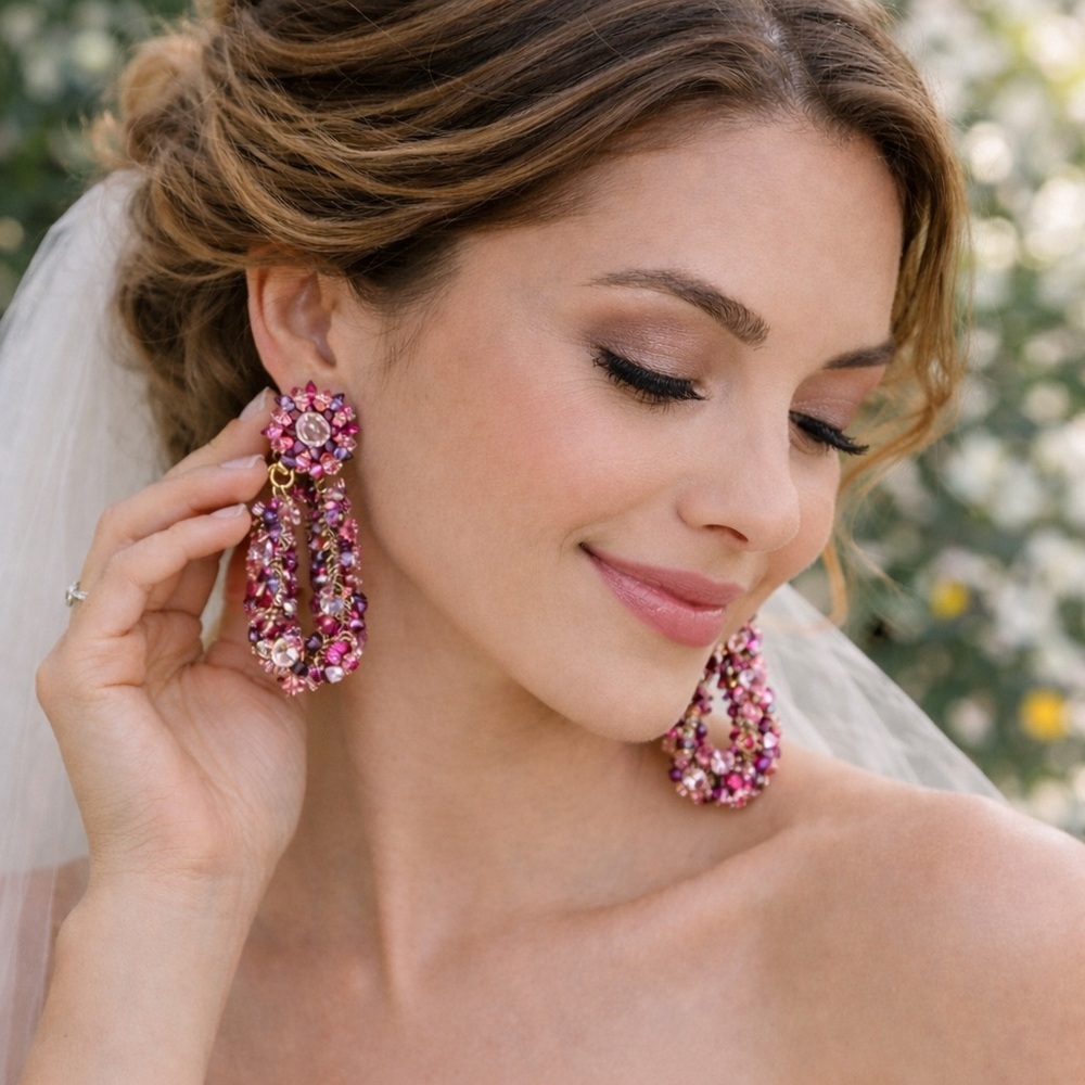 ELECTRIC EARRINGS FUSHIA- Navy-pink- crystal clip  3 1/2” drop clip